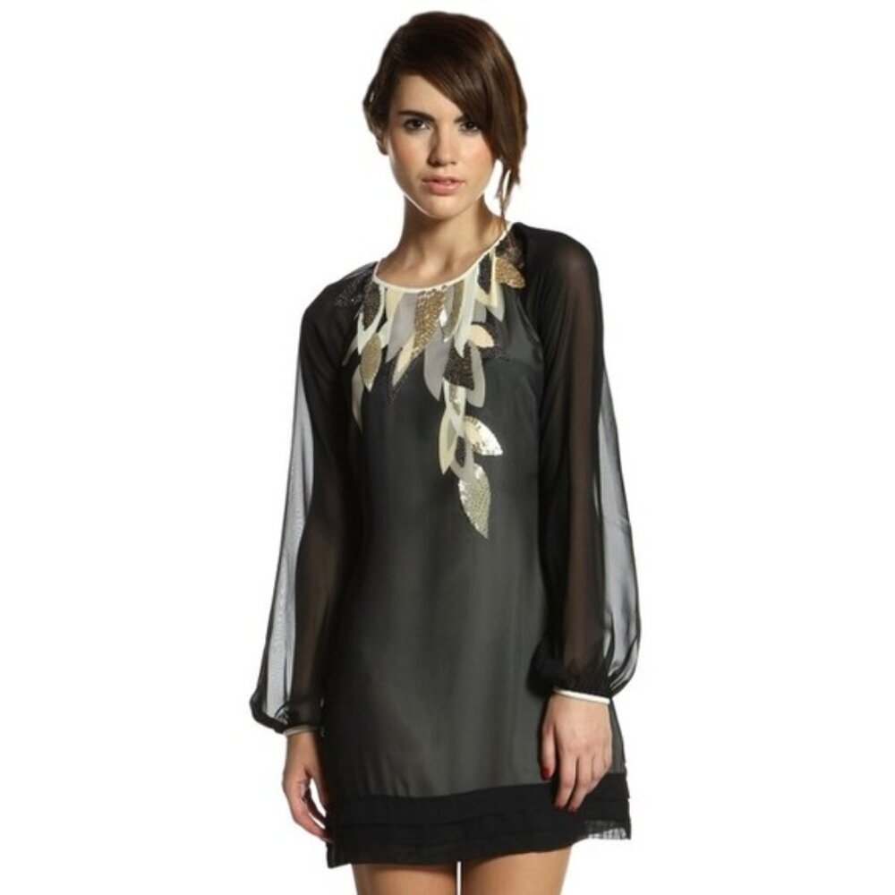 Ted Baker Black Mini Dress Long Sleeves Women’s Size 4 / TB Size 1 Gold Leaves